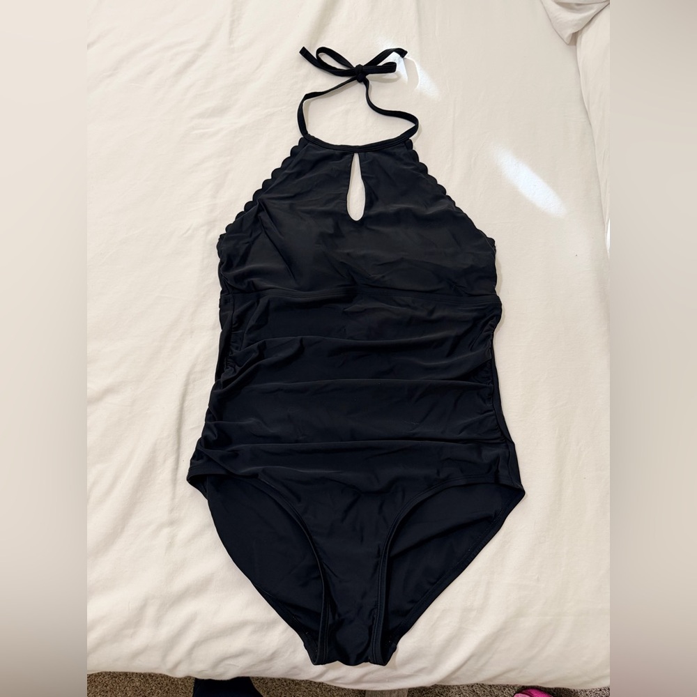 Black Halter Top Scalloped One Piece Swimsuit